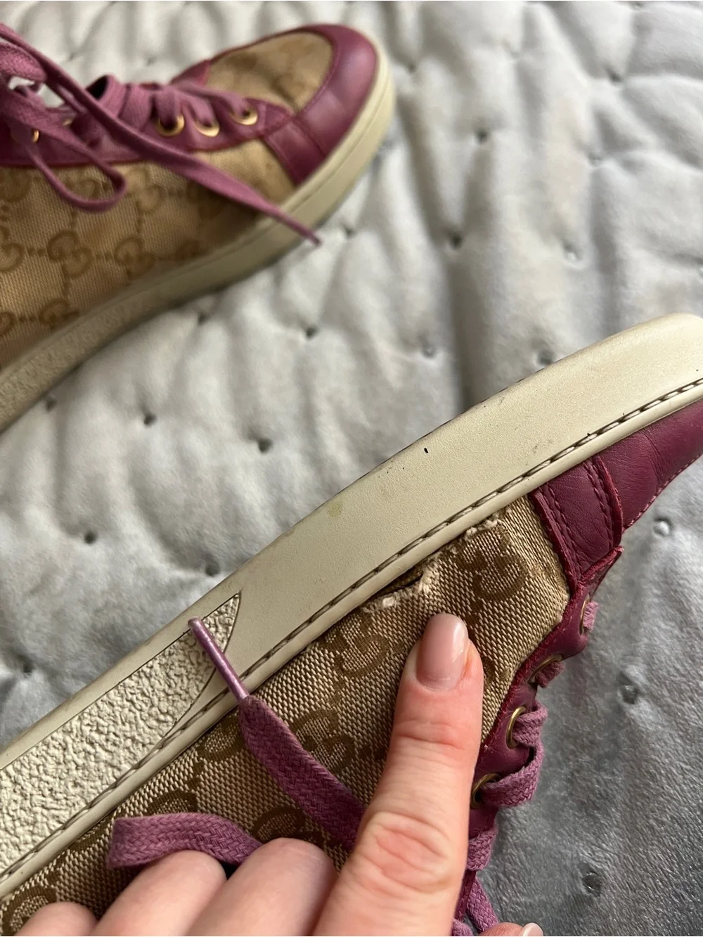 Gucci Beige GG Canvas High-Top Sneakers with Pink Trim